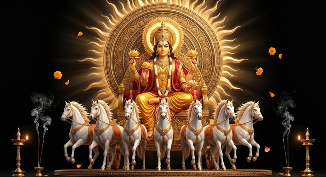 Divine hindu sun god surya riding a chariot pulled by seven white horses with radiant golden aura and traditional oil lamps against a dark black background for cultural
