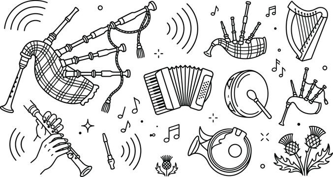 Traditional Scottish Bagpipes and Folk Musical Instruments Line Icon Set Graphic Vector Design Illustrations