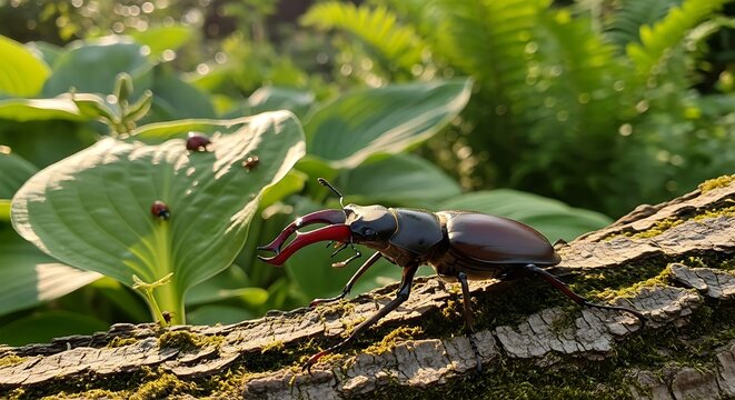 Black beetle crawling on green forest floor.