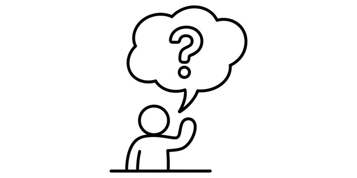 A simple line icon of a person thinking with a question mark inside a thought bubble showing confusion or curiosity about a problem