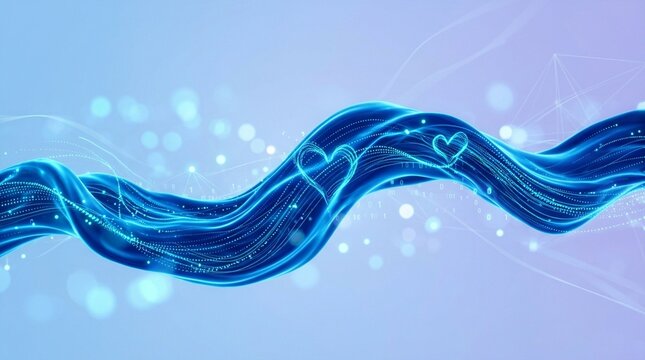 Glowing neon blue wave with moving dots and lines on light blue background. Information morphing