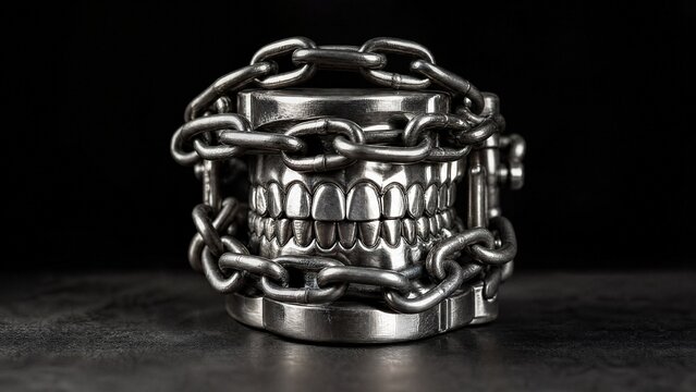 Metal dental model wrapped in heavy chains, symbolic representation of constrained movement on dark background.