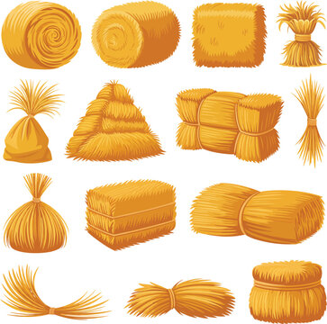 Collection of golden dried hay bales isolated on transparent background image.
