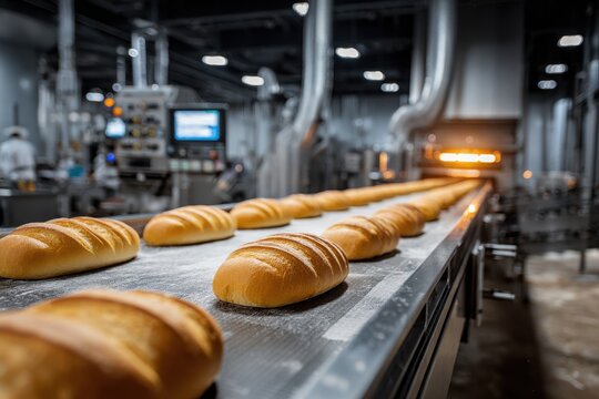 Conveyor belt bakery production line with moving loaves of bread in a modern factory