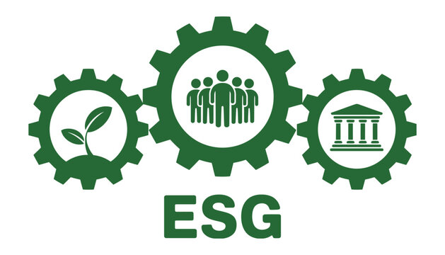 ESG environmental social governance conceptual gear icons illustration sustainability corporate responsibility ethical business framework vector design.