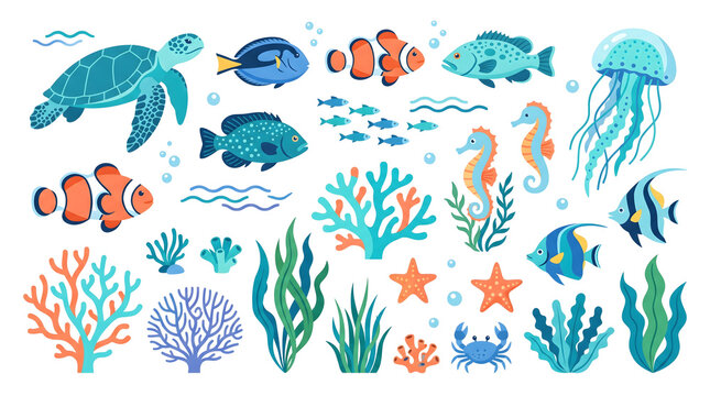A colorful illustration of various ocean creatures and coral reef elements
