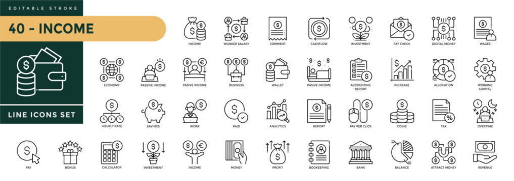 A collection of Income icons set with editable stroke, including accounting, earnings, money, pension, wages, tax, payment, paycheck, work. Thin linear vector illustration.