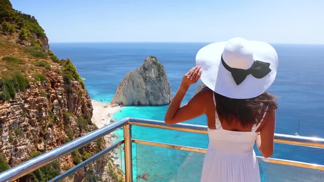 A tourist woman looks at the beautiful summer view of the famous Mizithres Rocks and beaches at the coast of Zakynthos island, Greece