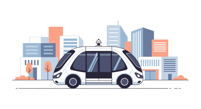 Futuristic Autonomous Shuttle Vector: Self-Driving Electric Bus in Modern Smart City Urban Environment