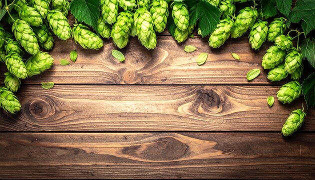 Fresh green hops and leafy vines arranged on rustic, dark-stained wooden planks create a natural border at the top