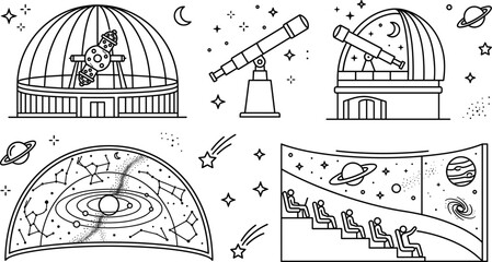 Astronomy Planetarium and Observatory Line Icon Set with Telescope Space Science Graphic Vector Illustrations © PJ DeSign