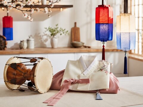 Korean hanbok with janggu drum and lanterns for Gwangbokjeol