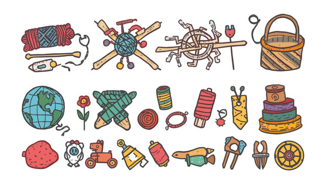Crafting Collection: A whimsical assortment of handcrafted items and crafting tools, including yarn, knitting needles, a spinning wheel, sewing basket, globe, flower, and various playful objects.