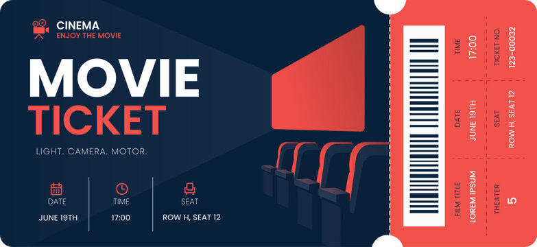 Vector movie ticket template with cinema hall, screen, seats and barcode. Modern admission pass design for film premieres, theaters, entertainment events and cinema promotions.