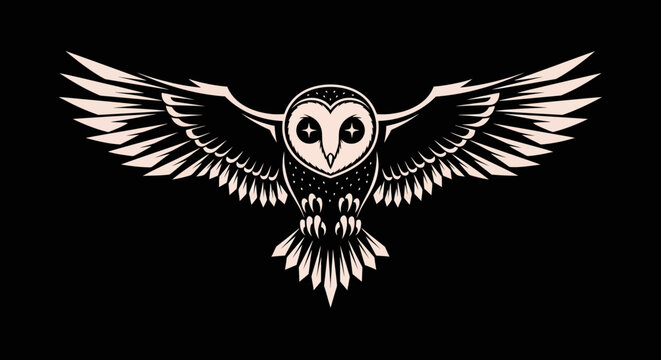 Owl illustration with extended wings on black background vector