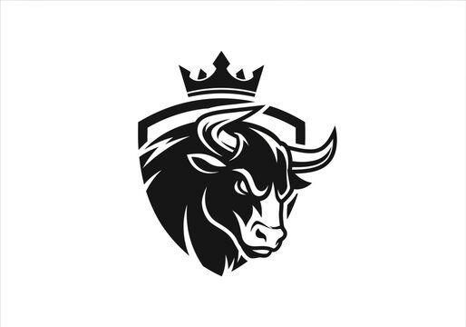 Powerful bull head logo with crown and shield design