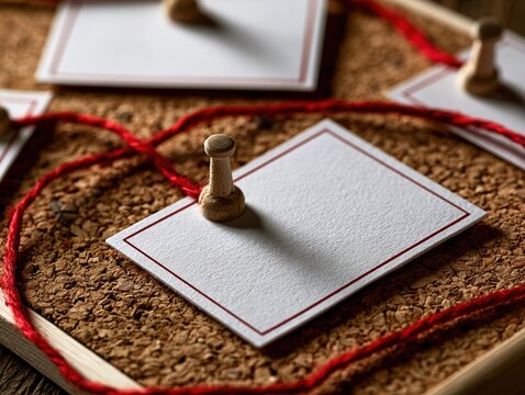 Detective investigation board with blank notes, pushpins, and red thread connections on cork; concept of criminal analysis, police investigation, and case solving