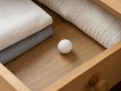 Single camphor ball in wooden drawer for household freshness
