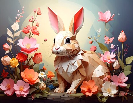 A cute rabbit with large ears surrounded by colorful flowers