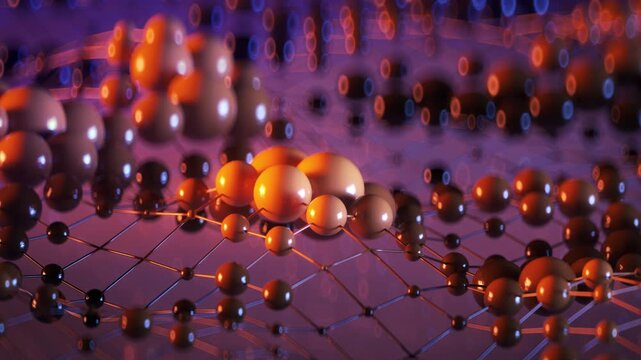 Network with Connected Data Nodes. Interconnected spherical particles arranged in a lattice structure. Seamless loop 3D render animation
