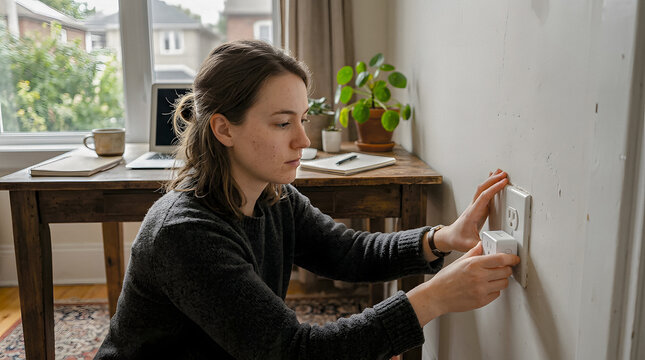 A woman is plugging a white device into a wall outlet.