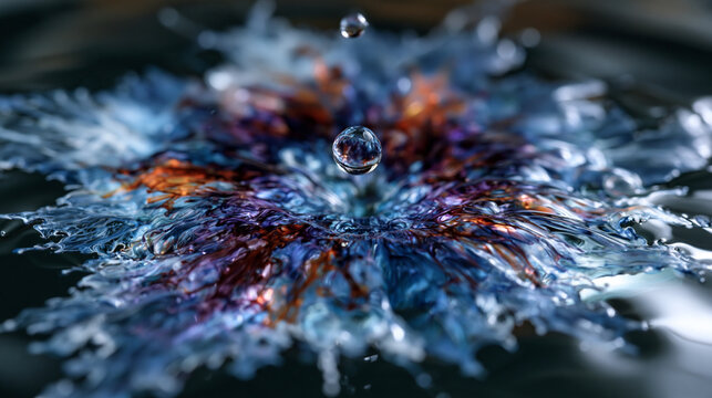 Macro aerial view captures single ink droplet mid-expansion through still water surface, fractal dispersion pattern radiating outward in circular formation, fluid dynamics study with crystalline cla