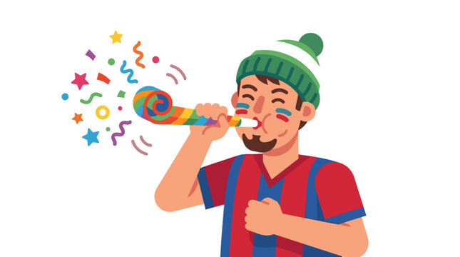 A cheerful fan with face paint blows a noisemaker with colorful confetti and streamers exploding around him.