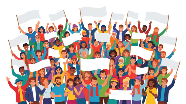 A vibrant illustration of a large, diverse crowd of people holding blank signs and flags, waving them enthusiastically in a demonstration or rally.