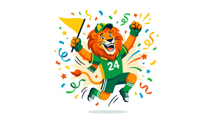 Fototapeta premium A lively cartoon lion mascot wearing a green jersey with the number 24 jumps excitedly, holding a small yellow flag amidst falling confetti.