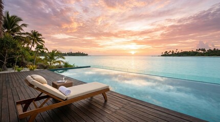Fototapeta premium Idyllic Tropical Sunset View Over Infinity Pool