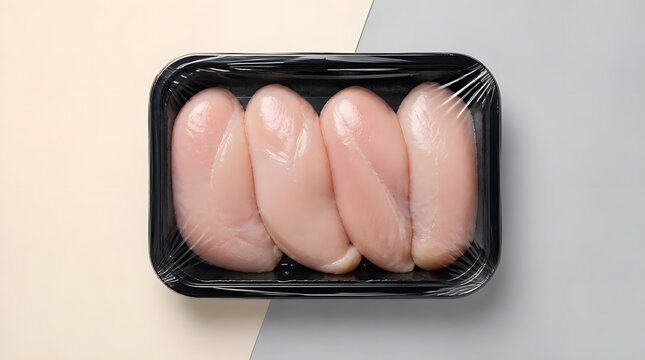 Raw chicken breast, poultry and meat in plastic tray with wrap for grocery store, cooking and protein diet. Fresh ingredient, supermarket and product for food meal preparation with copy space at home