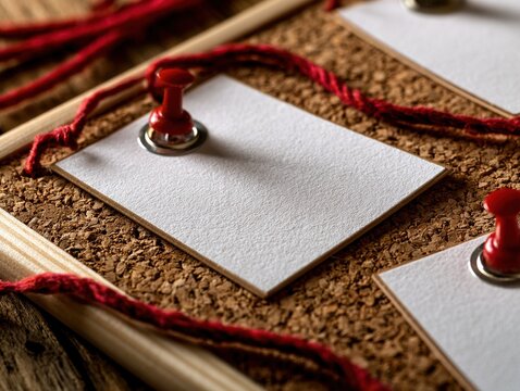 Detective investigation board with blank notes, pushpins, and red thread connections on cork; concept of criminal analysis, police investigation, and case solving