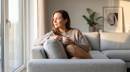 Fototapeta premium Woman Relaxing at Home During Sunset, Comfort, Balance and Wellbeing