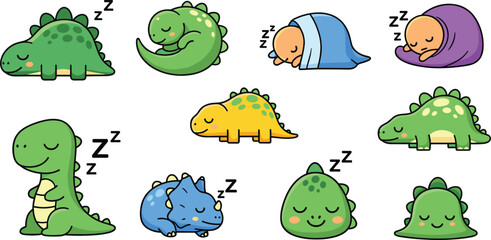 Obraz premium Cute Sleeping Dinosaur Cartoon Character Vector Set Isolated on White Background