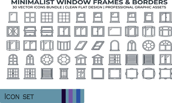 Print Minimalist Window Frames and Borders Bundle - 50 Vector Icons in Clean Flat Design Line Art for Architecture House Blueprints Elevations and Interior Design Projects