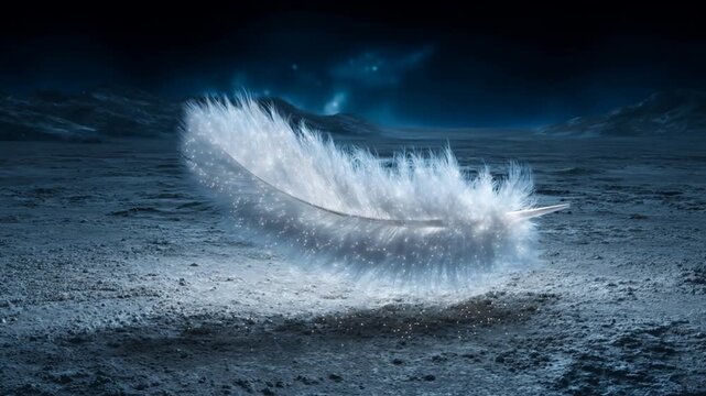 A glowing white feather rests on a desolate planet, the background mountains fading into dark blue