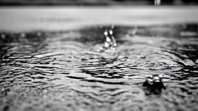 Dramatic Rain Splashes: Close-up of Water Droplets Hitting a Puddle in Black and White, Ideal for Cinematic Backgrounds.