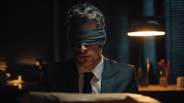Man in a suit with a blindfold indoors with warm lighting concept image