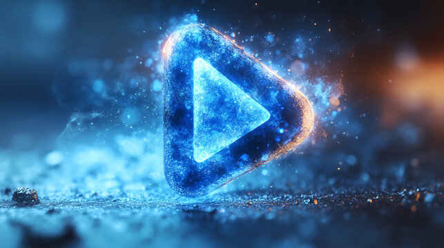 Glowing futuristic blue play button icon with abstract fire energy and particle background