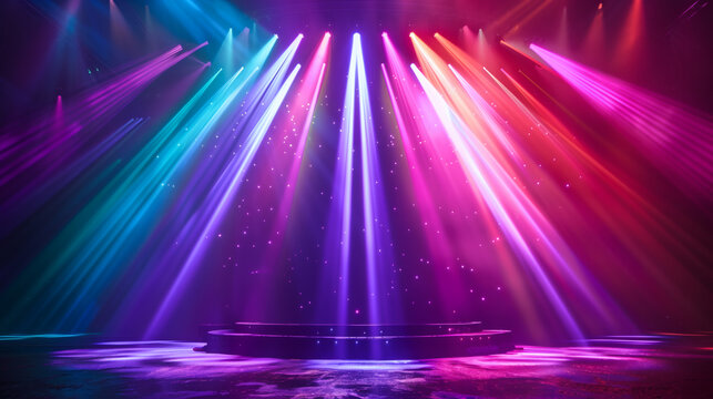 Empty concert stage illuminated with colorful rainbow spotlights and particle light rays