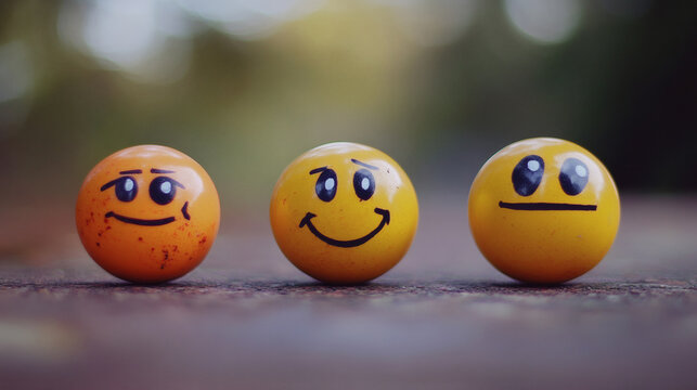 Three yellow balls with different drawn emotions and smiley faces standing in a row