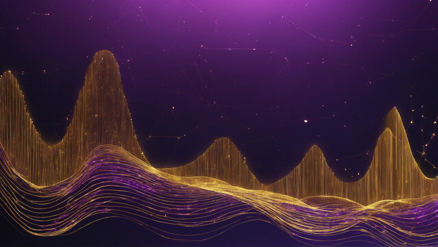 Golden financial waveform and data mountains on purple background