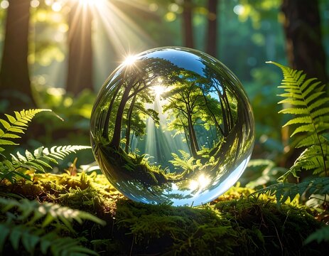 A crystal ball sits on mossy forest floor reflecting trees and sunlight