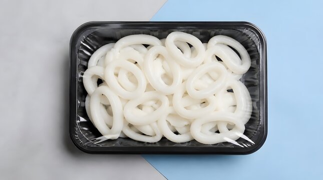 Squid rings, seafood and calamari in plastic tray on blue background for cooking, restaurant menu and grocery retail. Raw fish, frozen food and protein with packaging, ingredient, fresh meal and diet