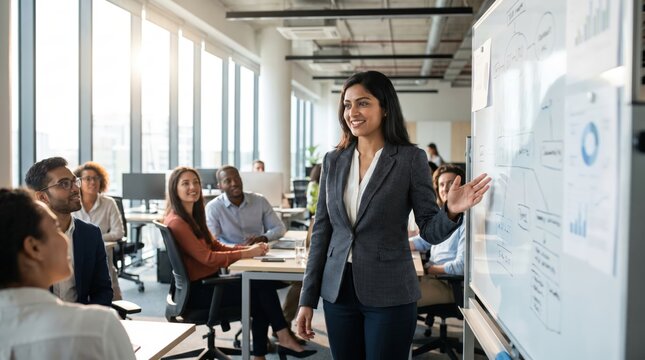 Corporate Leadership Concept: Professional Indian Woman Manager Presenting to Diverse Team in Bright Modern Office