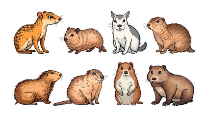 Fototapeta premium Set of Small Rodents: A collection of cute, illustrated rodents, including gophers, squirrels, and other small mammals, each with a unique pose and expression.