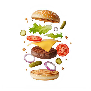 Delicious burger ingredients exploded view floating in air with cheeseburger ingredients floating exploded sandwich vegetables culinary