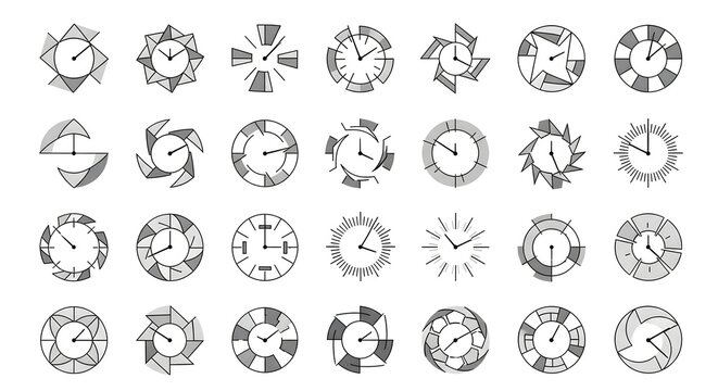 Set of abstract geometric symbols and minimalist line art logo templates representing clocks, time tracking, and countdown timers isolated on white background