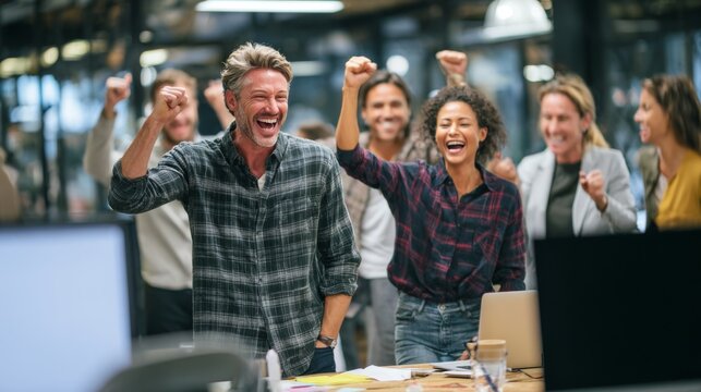 Entrepreneurs Celebrating Successful Product Launch in Modern Office Environment with Enthusiastic Expressions