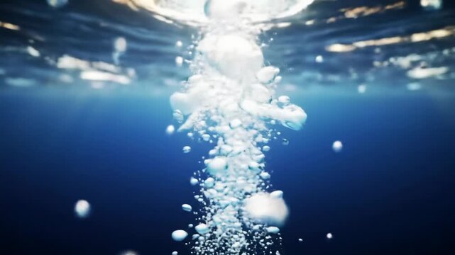 Mesmerizing low-angle wide video of golden 'god rays' piercing cerulean water from an indigo ocean floor, with ascending effervescent bubbles and a milky frothy burst. Abstract fluid dynamics concept